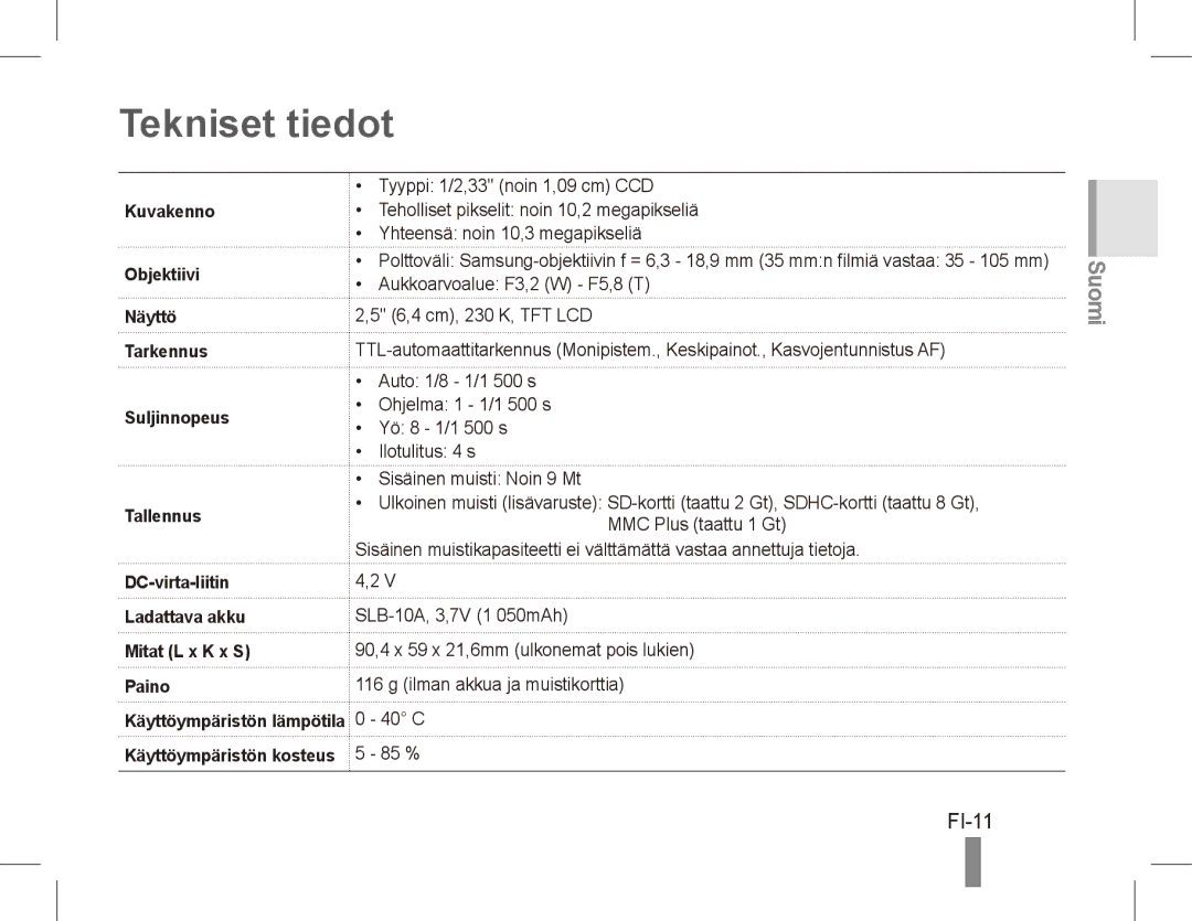 Samsung EC-ES55ZABP/SA, EC-ES55ZPBP/FR, EC-ES55ZSBP/FR, EC-ES55ZABP/FR, EC-ES55ZBBP/FR, EC-ES55ZSBP/IT Tekniset tiedot, FI-11 