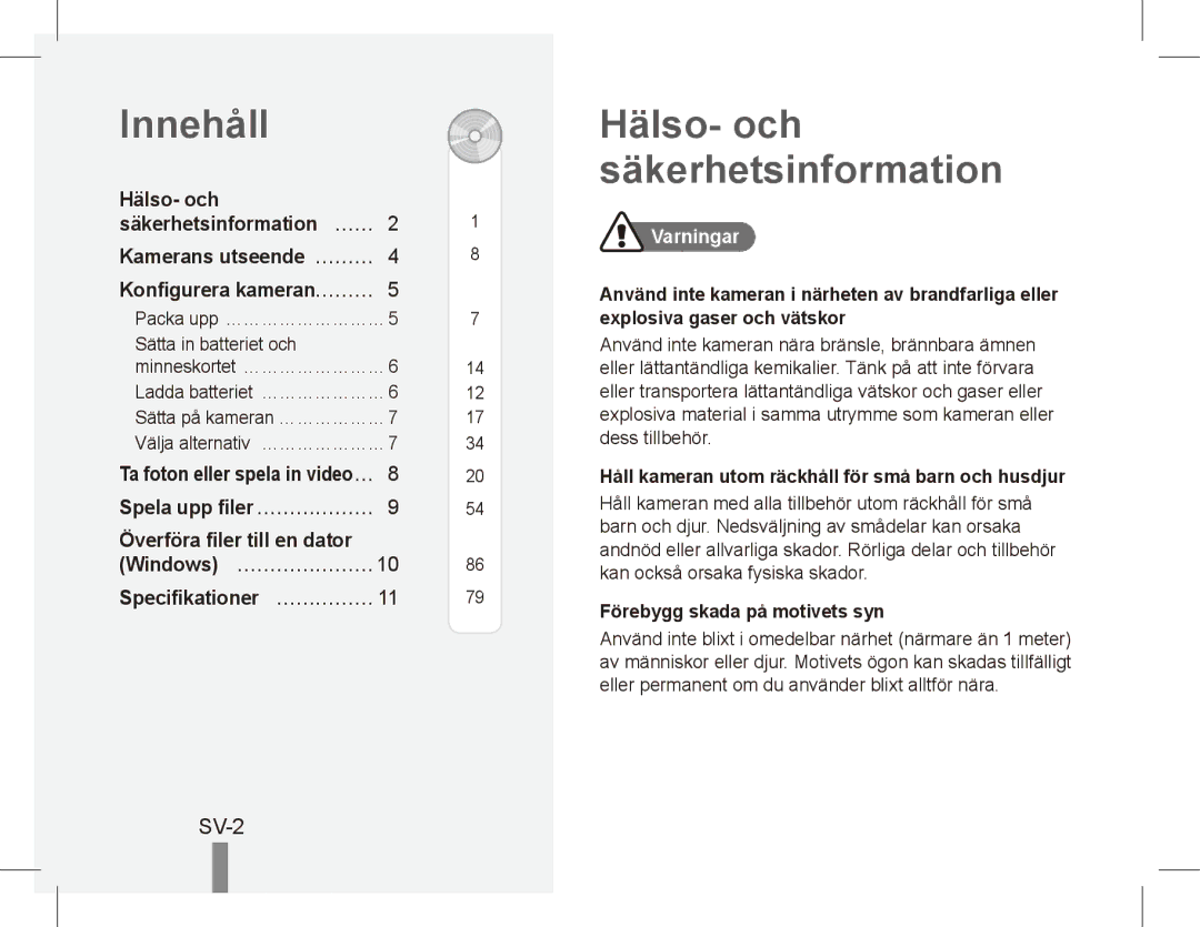 Samsung EC-ES55ZPBP/SA Innehåll, Hälso- och säkerhetsinformation, SV-2, Kamerans utseende… ……… Konfigurera kameran……… 