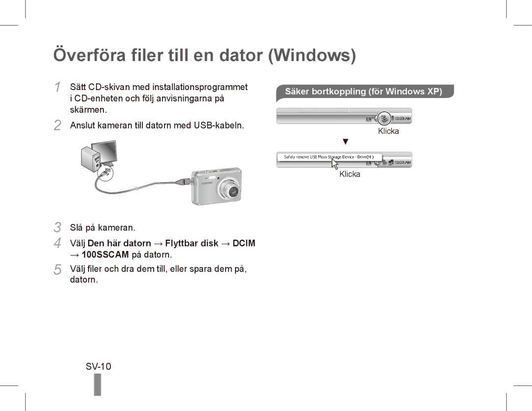 Samsung EC-ES55ZPBP/VN, EC-ES55ZPBP/FR manual Överföra filer till en dator Windows, SV-10, Säker bortkoppling för Windows XP 