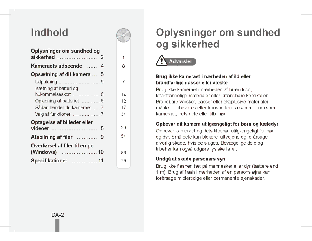 Samsung EC-ES55ZABP/E3, EC-ES55ZPBP/FR, EC-ES55ZSBP/FR, EC-ES55ZABP/FR Indhold, Oplysninger om sundhed og sikkerhed, DA-2 