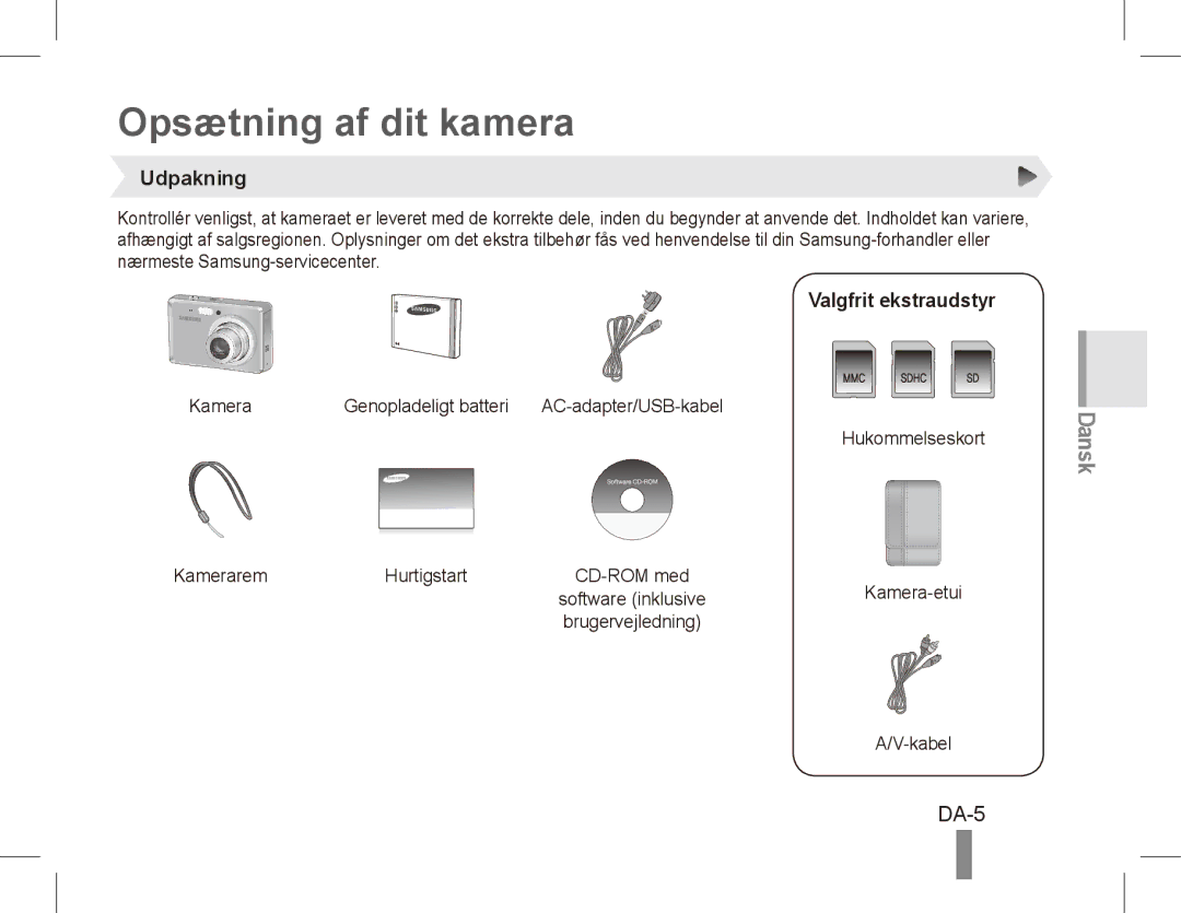 Samsung EC-ES55ZSBP/E3, EC-ES55ZPBP/FR, EC-ES55ZSBP/FR manual Opsætning af dit kamera, DA-5, Udpakning, Valgfrit ekstraudstyr 