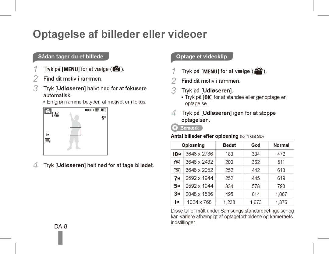 Samsung EC-ES55ZSBP/E2, EC-ES55ZPBP/FR, EC-ES55ZSBP/FR, EC-ES55ZABP/FR manual Optagelse af billeder eller videoer, DA-8 