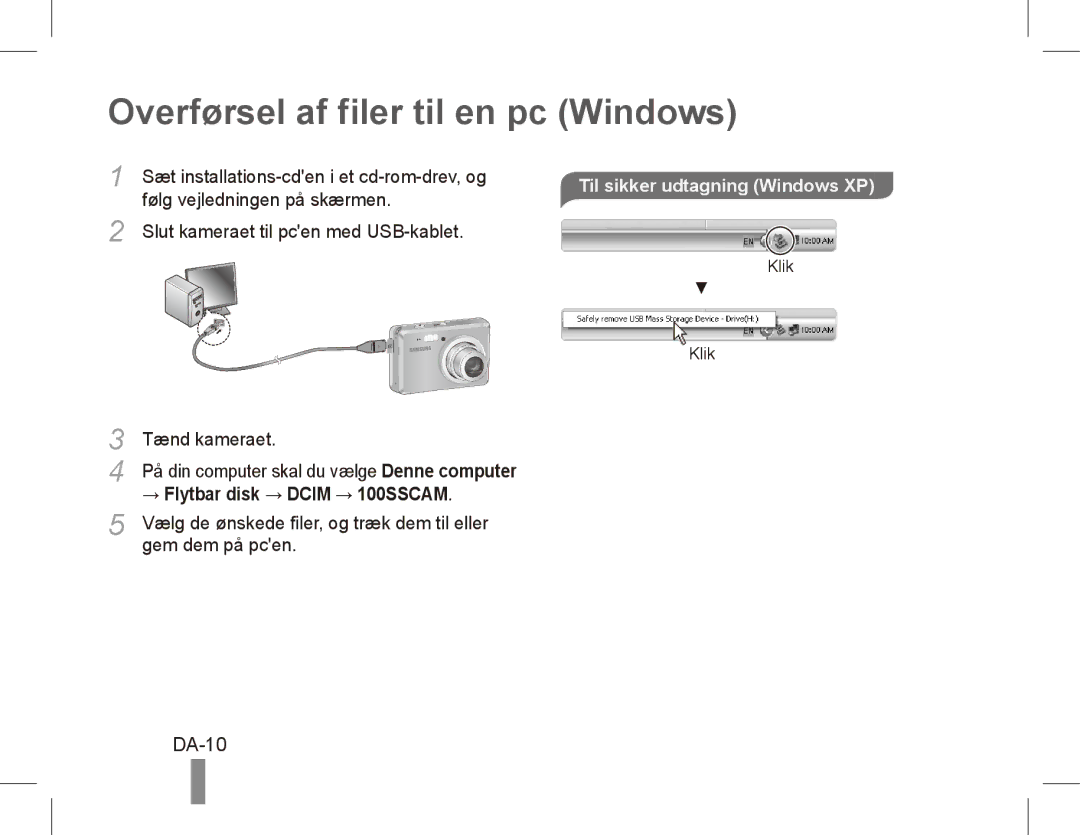 Samsung EC-ES55ZABP/RU, EC-ES55ZPBP/FR manual Overførsel af filer til en pc Windows, DA-10, Til sikker udtagning Windows XP 