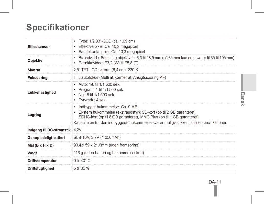 Samsung EC-ES55ZSBP/RU, EC-ES55ZPBP/FR manual DA-11, Billedsensor Objektiv, Skærm Fokusering Lukkehastighed Lagring 