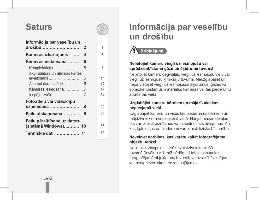 Samsung EC-ES55ZABA/IT Saturs, Informācija par veselību un drošību, LV-2, Drošību…………………………, Fotoattēlu vai videoklipu 