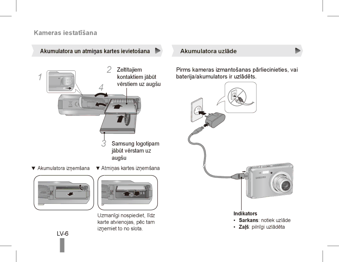 Samsung EC-ES55ZPBP/IT, EC-ES55ZPBP/FR, EC-ES55ZSBP/FR, EC-ES55ZABP/FR, EC-ES55ZBBP/FR manual LV-6, Zeltītajiem, Indikators 