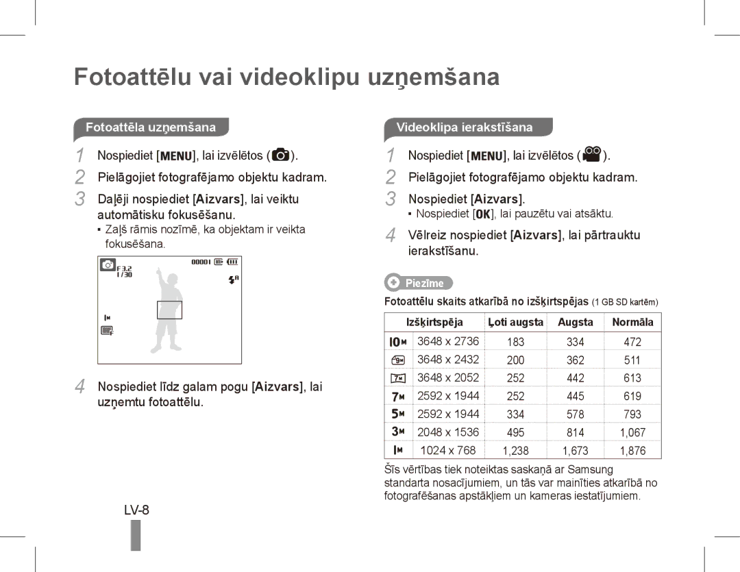 Samsung EC-ES55ZABP/E1, EC-ES55ZPBP/FR, EC-ES55ZSBP/FR Fotoattēlu vai videoklipu uzņemšana, LV-8, Videoklipa ierakstīšana 