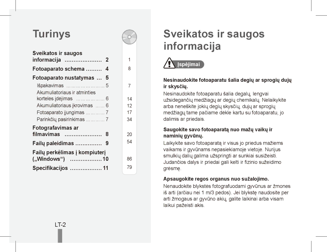 Samsung EC-ES55ZBBP/ZA, EC-ES55ZPBP/FR, EC-ES55ZSBP/FR manual Turinys, Sveikatos ir saugos informacija, LT-2, Įspėjimai 