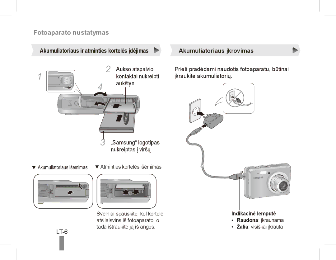 Samsung EC-ES55ZBBP/SA LT-6, Aukso atspalvio, Kontaktai nukreipti Įkraukite akumuliatorių Aukštyn, Indikacinė lemputė 