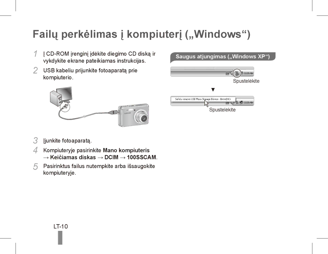 Samsung EC-ES55ZSDP/ME, EC-ES55ZPBP/FR manual Failų perkėlimas į kompiuterį „Windows, LT-10, Saugus atjungimas „Windows XP 