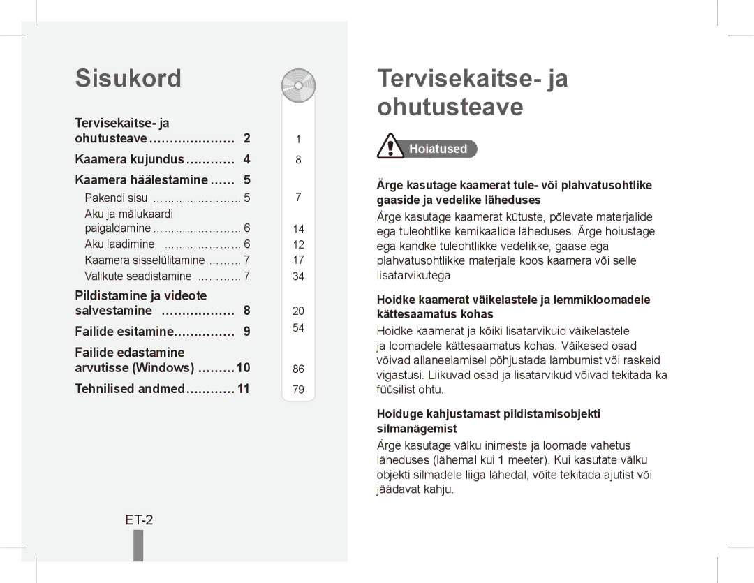 Samsung EC-ES55ZABP/ME, EC-ES55ZPBP/FR Sisukord, Tervisekaitse- ja ohutusteave, ET-2, Tehnilised andmed…………, Hoiatused 