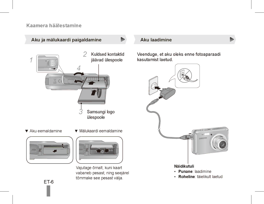 Samsung EC-ES55ZPBP/VN, EC-ES55ZPBP/FR ET-6, Aku ja mälukaardi paigaldamine Aku laadimine, Kuldsed kontaktid, Näidikutuli 