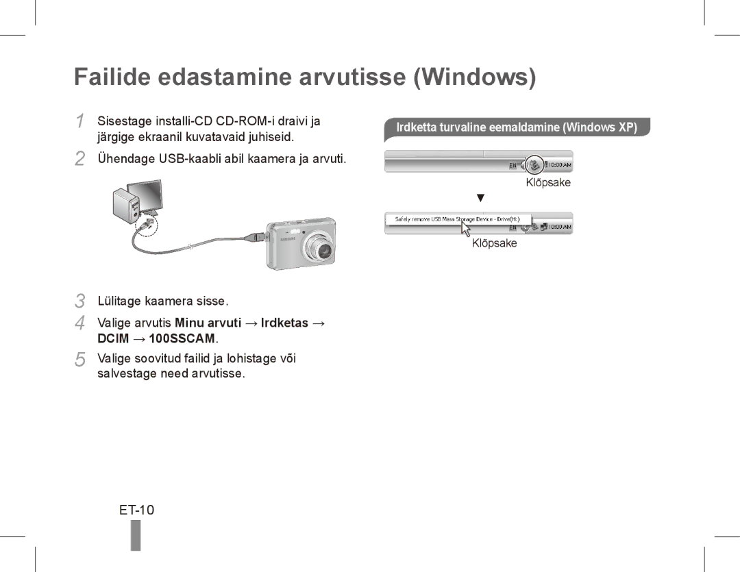 Samsung EC-ES55ZPBP/E3 manual Failide edastamine arvutisse Windows, ET-10, Irdketta turvaline eemaldamine Windows XP 