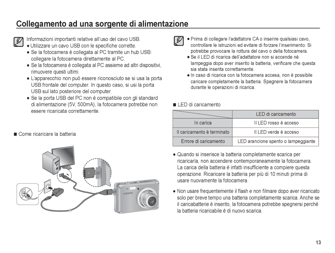 Samsung EC-ES55ZBBP/IT, EC-ES55ZSBP/IT, EC-ES55ZABA/IT, EC-ES55ZABP/IT manual Come ricaricare la batteria, LED di caricamento 