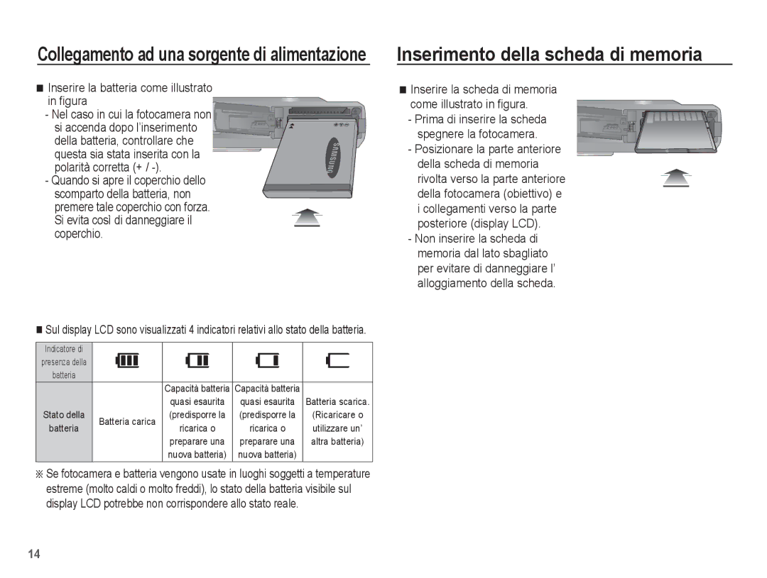 Samsung EC-ES55ZABP/IT, EC-ES55ZSBP/IT Inserimento della scheda di memoria, Inserire la batteria come illustrato in ﬁgura 