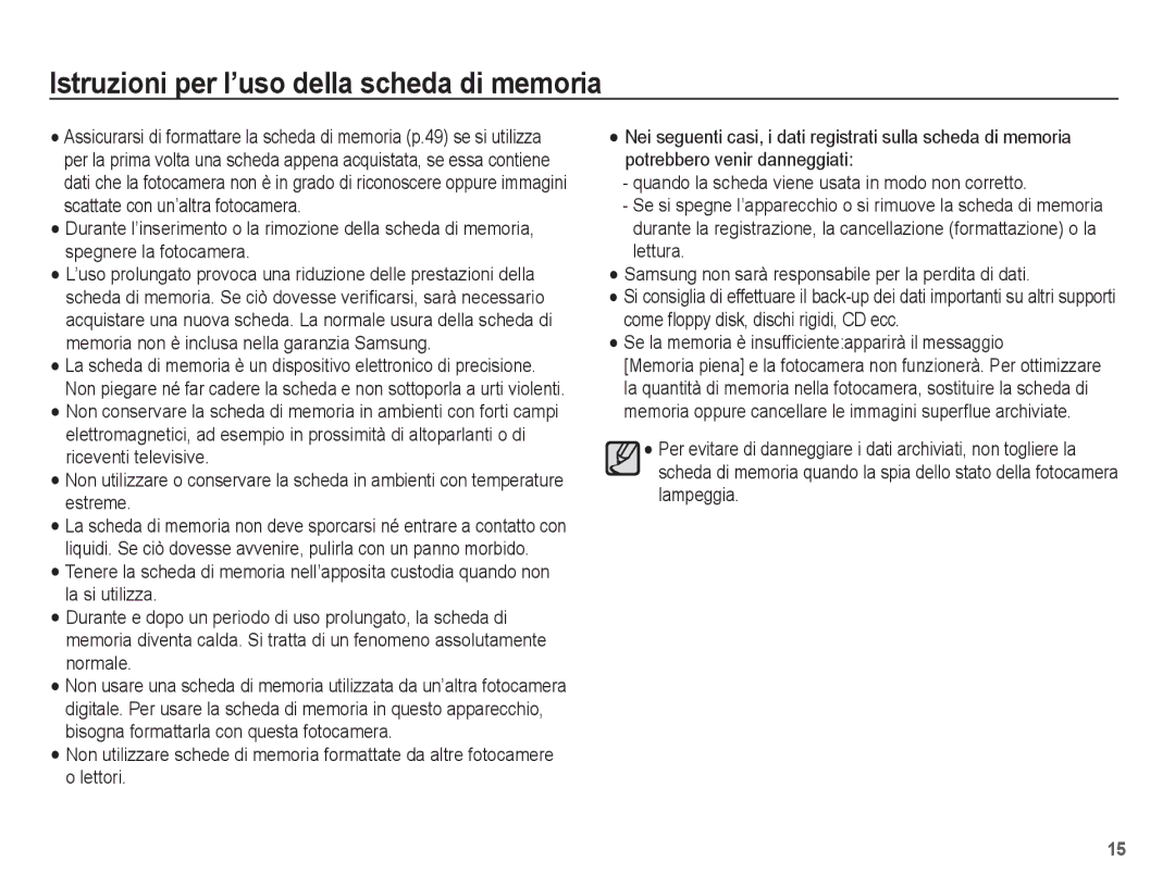 Samsung EC-ES55ZSBA/IT, EC-ES55ZSBP/IT, EC-ES55ZABA/IT, EC-ES55ZBBP/IT manual Istruzioni per l’uso della scheda di memoria 