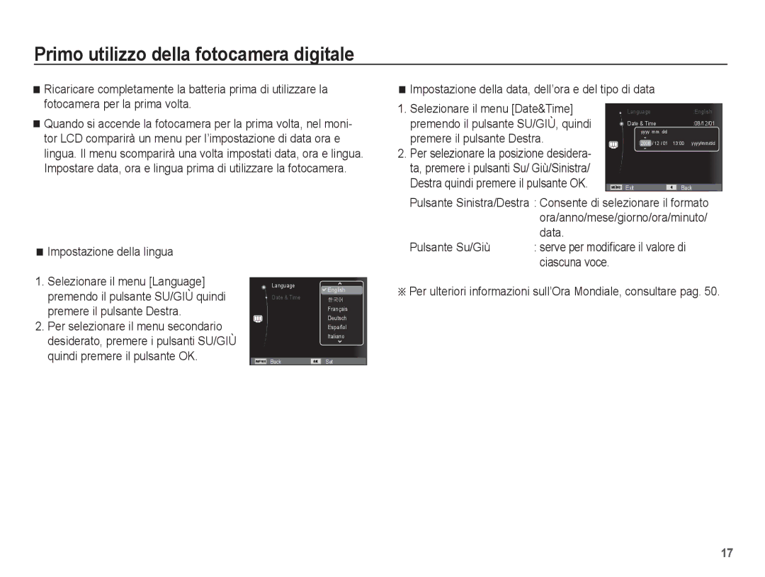 Samsung EC-ES55ZSBP/IT, EC-ES55ZABA/IT, EC-ES55ZBBP/IT Primo utilizzo della fotocamera digitale, Impostazione della lingua 