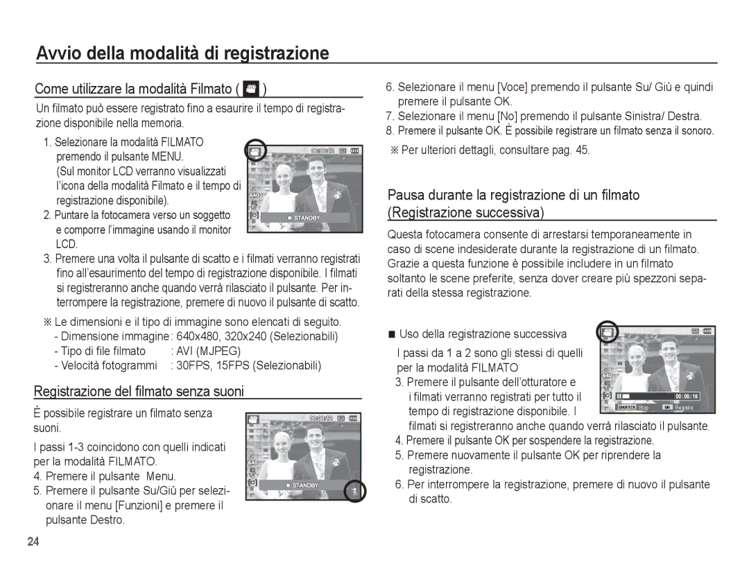 Samsung EC-ES55ZABA/IT manual Come utilizzare la modalità Filmato, Registrazione del ﬁlmato senza suoni, Tipo di ﬁle ﬁlmato 