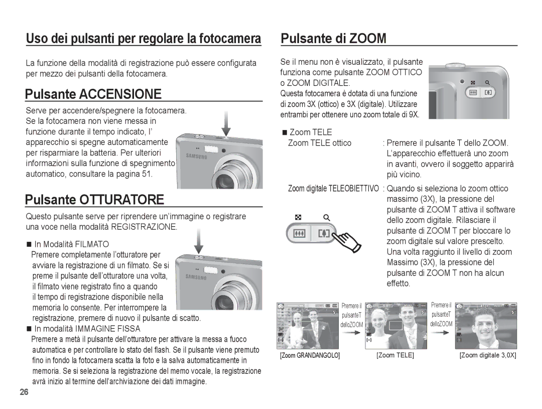 Samsung EC-ES55ZABP/IT, EC-ES55ZSBP/IT, EC-ES55ZABA/IT manual Pulsante Accensione, Pulsante Otturatore, Pulsante di Zoom 