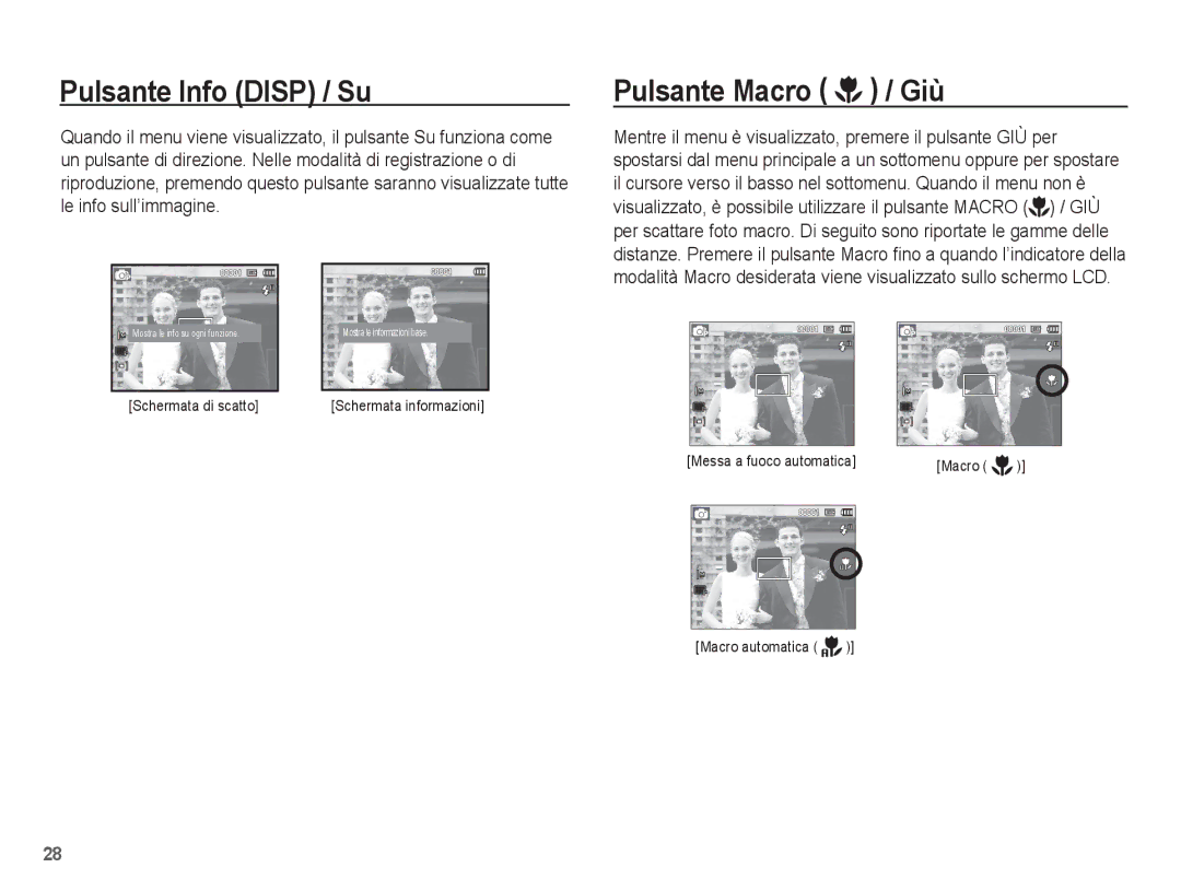 Samsung EC-ES55ZPBP/IT, EC-ES55ZSBP/IT, EC-ES55ZABA/IT, EC-ES55ZBBP/IT manual Pulsante Info Disp / Su, Pulsante Macro / Giù 