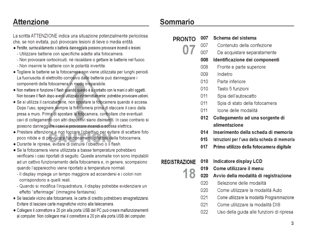 Samsung EC-ES55ZSBA/IT, EC-ES55ZSBP/IT manual Attenzione Sommario, Contenuto della confezione Da acquistare separatamente 