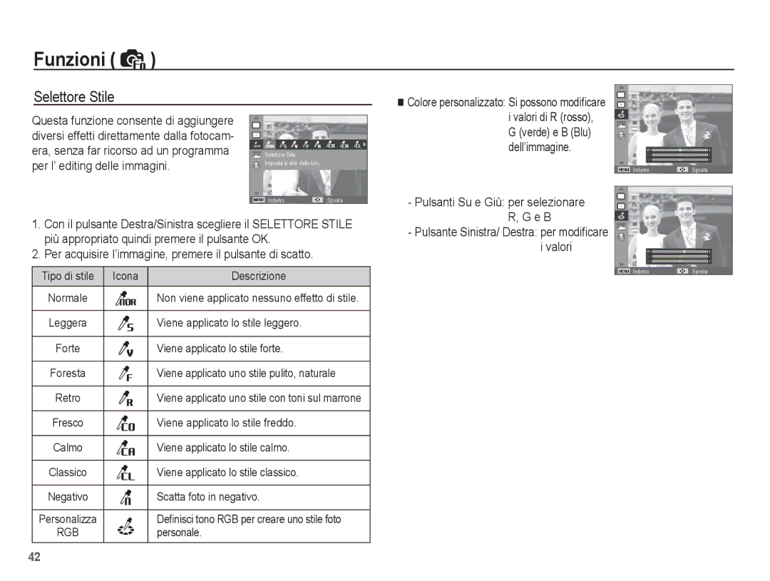 Samsung EC-ES55ZABA/IT, EC-ES55ZSBP/IT, EC-ES55ZBBP/IT manual Selettore Stile, Colore personalizzato Si possono modiﬁcare 