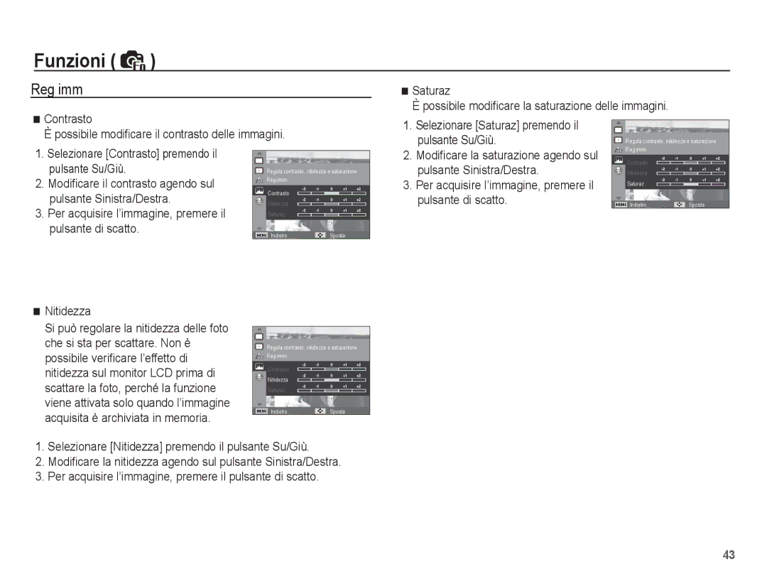 Samsung EC-ES55ZBBP/IT, EC-ES55ZSBP/IT, EC-ES55ZABA/IT manual Reg imm, Pulsante Su/Giù, Pulsante Sinistra/Destra, Nitidezza 