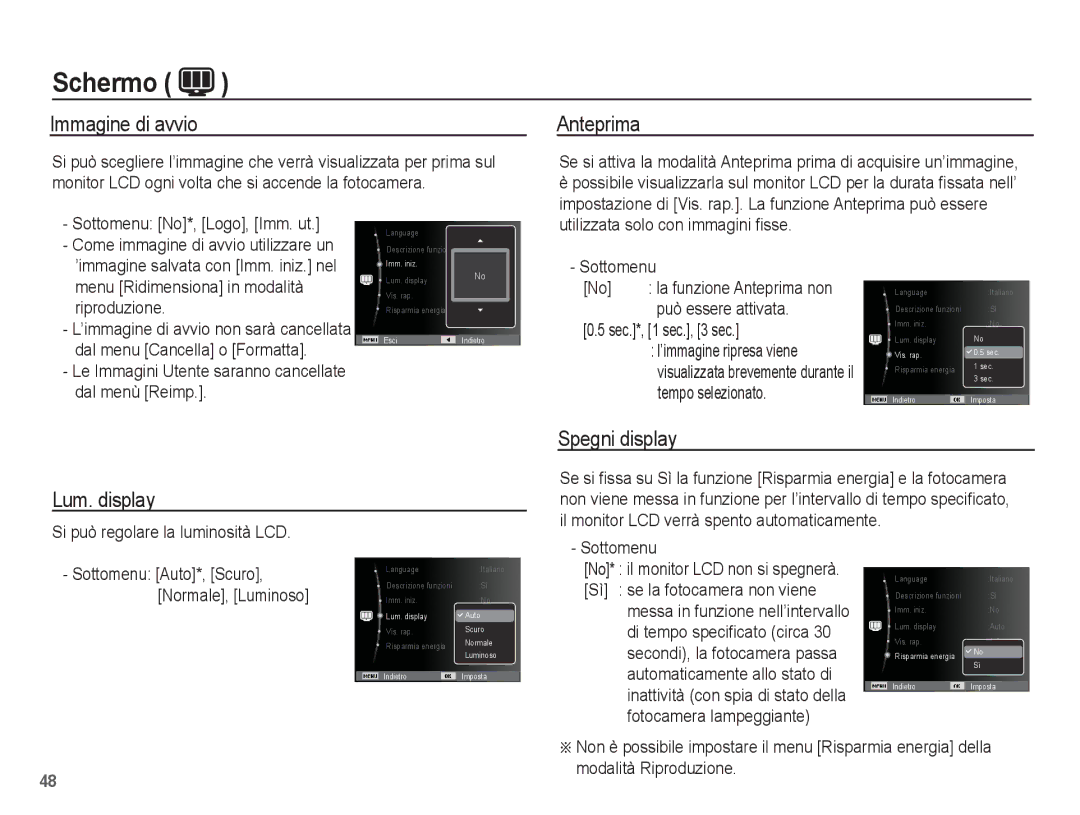 Samsung EC-ES55ZABA/IT, EC-ES55ZSBP/IT, EC-ES55ZBBP/IT manual Immagine di avvio, Anteprima, Spegni display Lum. display 