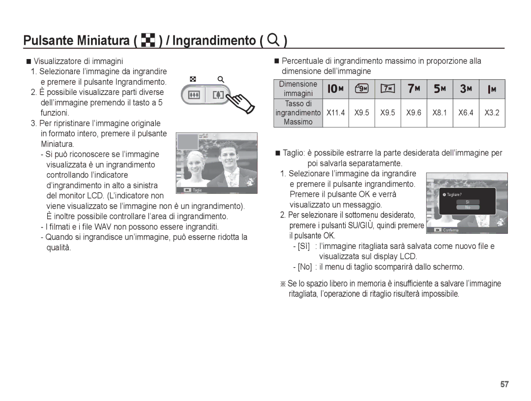 Samsung EC-ES55ZSBA/IT, EC-ES55ZSBP/IT, EC-ES55ZABA/IT, EC-ES55ZBBP/IT, EC-ES55ZABP/IT Pulsante Miniatura º / Ingrandimento í 