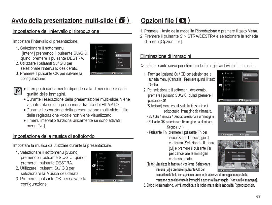 Samsung EC-ES55ZBBP/IT manual Opzioni file, Impostazione dell’intervallo di riproduzione, Eliminazione di immagini 