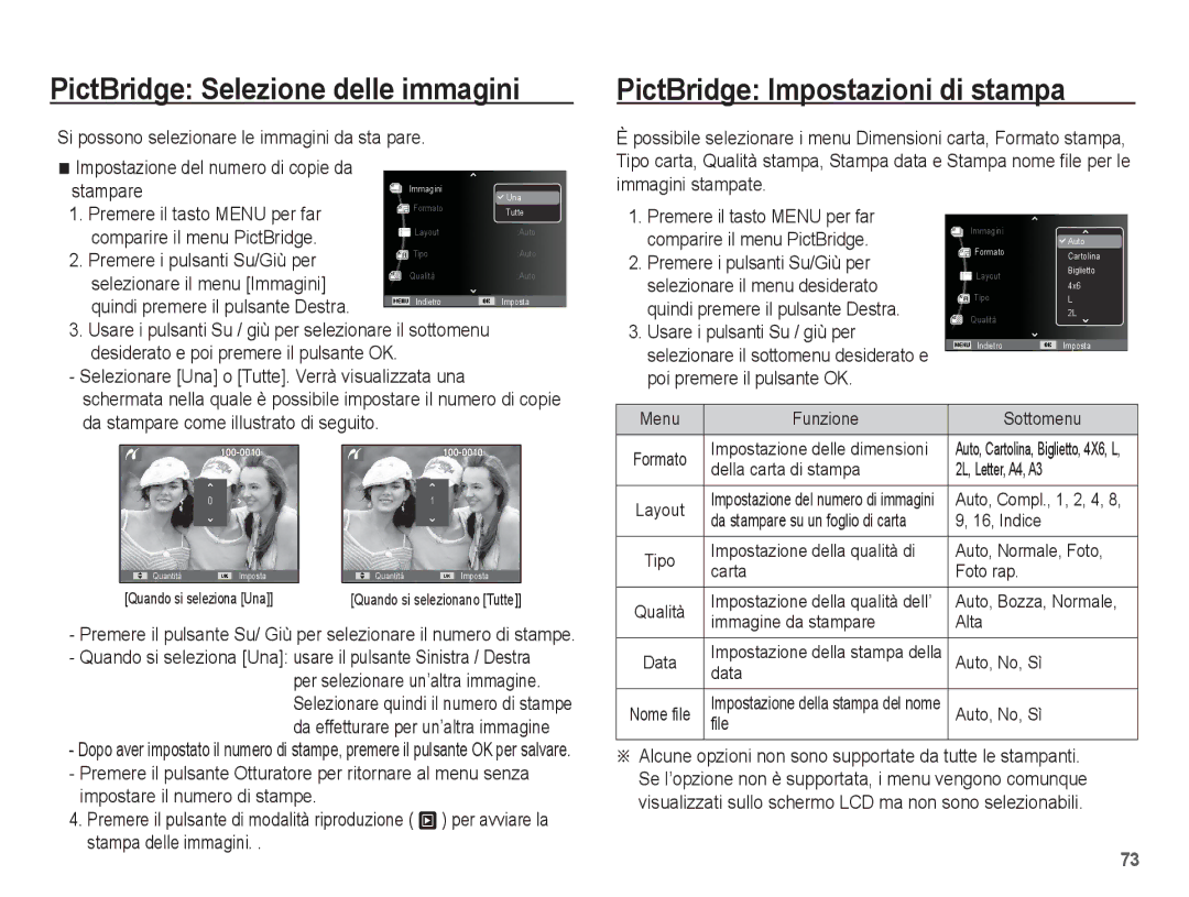 Samsung EC-ES55ZBBP/IT, EC-ES55ZSBP/IT manual PictBridge Selezione delle immagini, PictBridge Impostazioni di stampa 