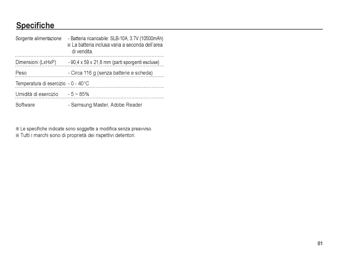 Samsung EC-ES55ZSBA/IT Di vendita, Dimensioni LxHxP, Peso, 40C, Tutti i marchi sono di proprietà dei rispettivi detentori 