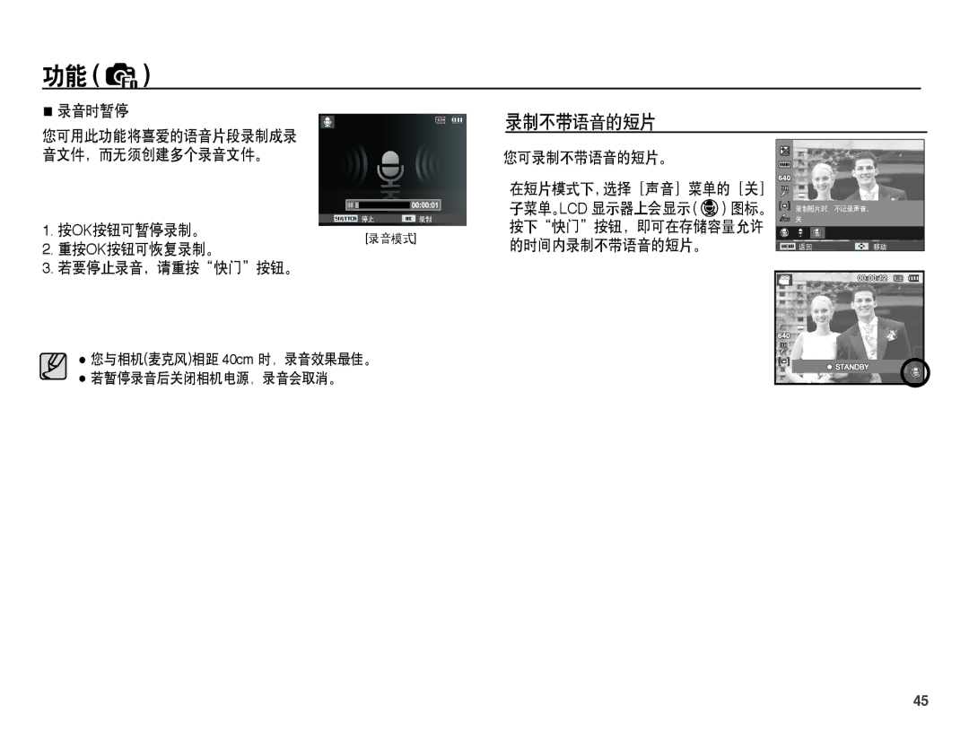 Samsung EC-ES55ZSBP/E3, EC-ES55ZSBP/IT, EC-ES55ZBBP/IT 录音时暂停, 按ok按钮可暂停录制。 重按ok按钮可恢复录制。 若要停止录音，请重按快门按钮。, 您可录制不带语音的短片。 