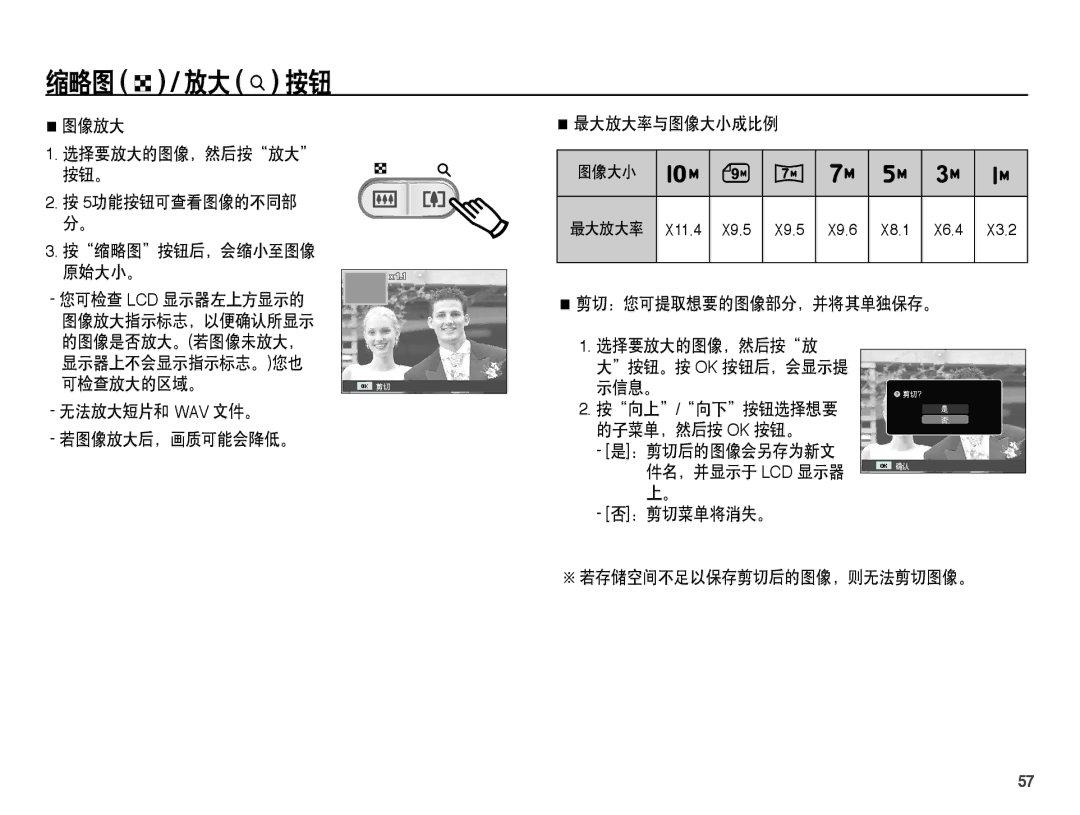 Samsung EC-ES55ZPBP/E3, EC-ES55ZSBP/IT 图像放大, 最大放大率与图像大小成比例, 剪切：您可提取想要的图像部分，并将其单独保存。, 可检查放大的区域。, 无法放大短片和 Wav 文件。, ：剪切菜单将消失。 