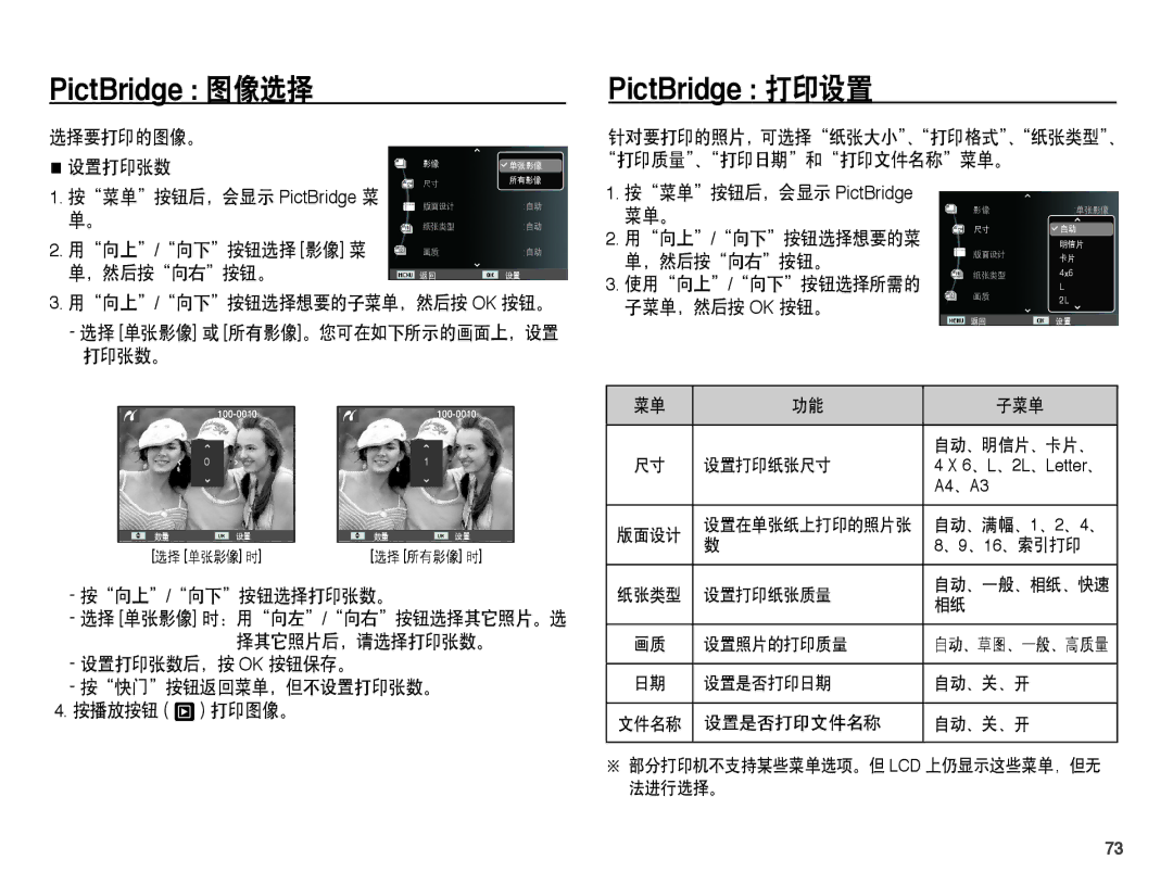 Samsung EC-ES55ZBBP/E2, EC-ES55ZSBP/IT 选择要打印的图像。, 按向上/向下按钮选择打印张数。, 设置打印张数后，按 Ok 按钮保存。 按快门按钮返回菜单，但不设置打印张数。 按播放按钮 Î 打印图像。 