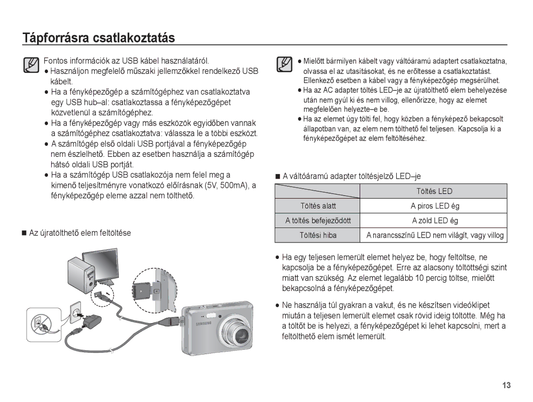 Samsung EC-ES55ZBBP/IT manual Ha a számítógép USB csatlakozója nem felel meg a, Az újratölthetĘ elem feltöltése, Töltés LED 