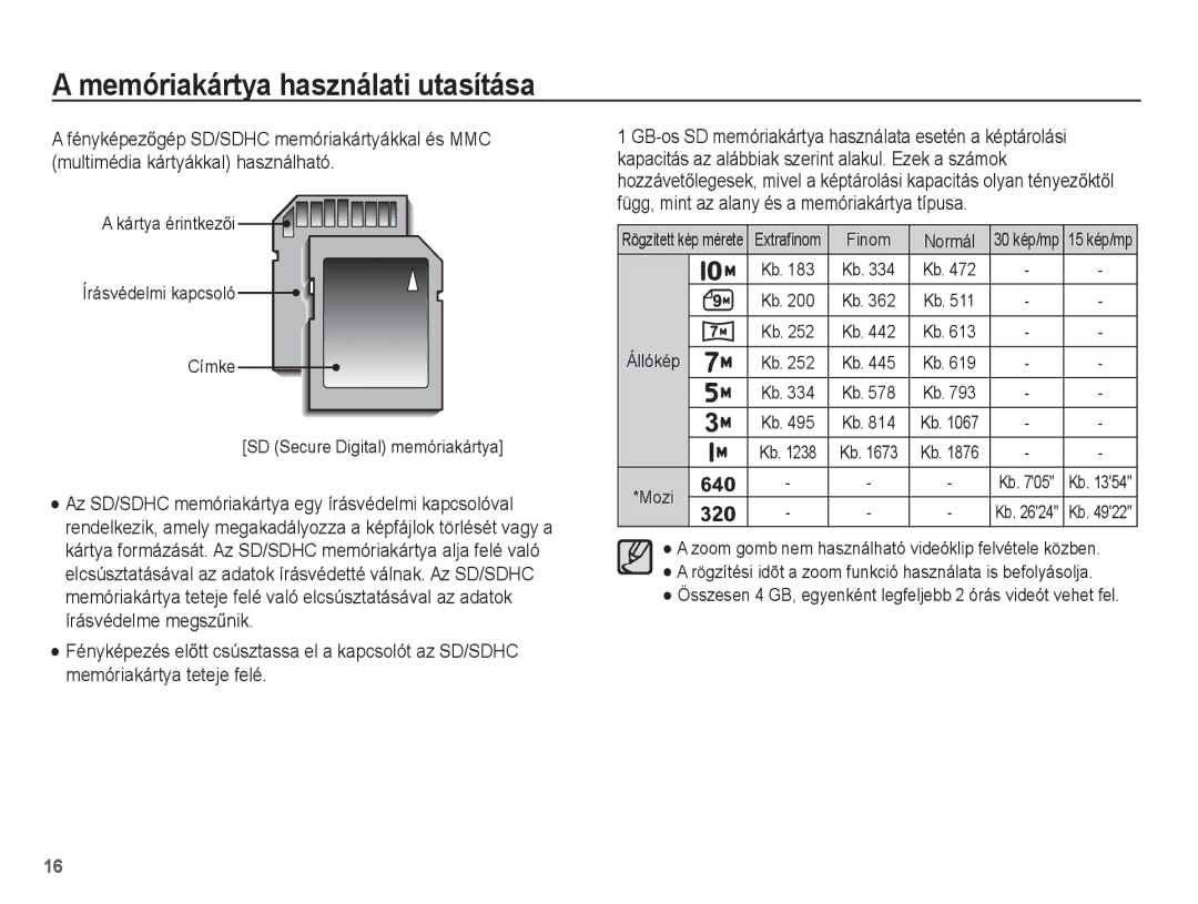 Samsung EC-ES55ZBBP/E3, EC-ES55ZSBP/IT, EC-ES55ZBBP/IT Kapacitás az alábbiak szerint alakul. Ezek a számok, Állókép Mozi 