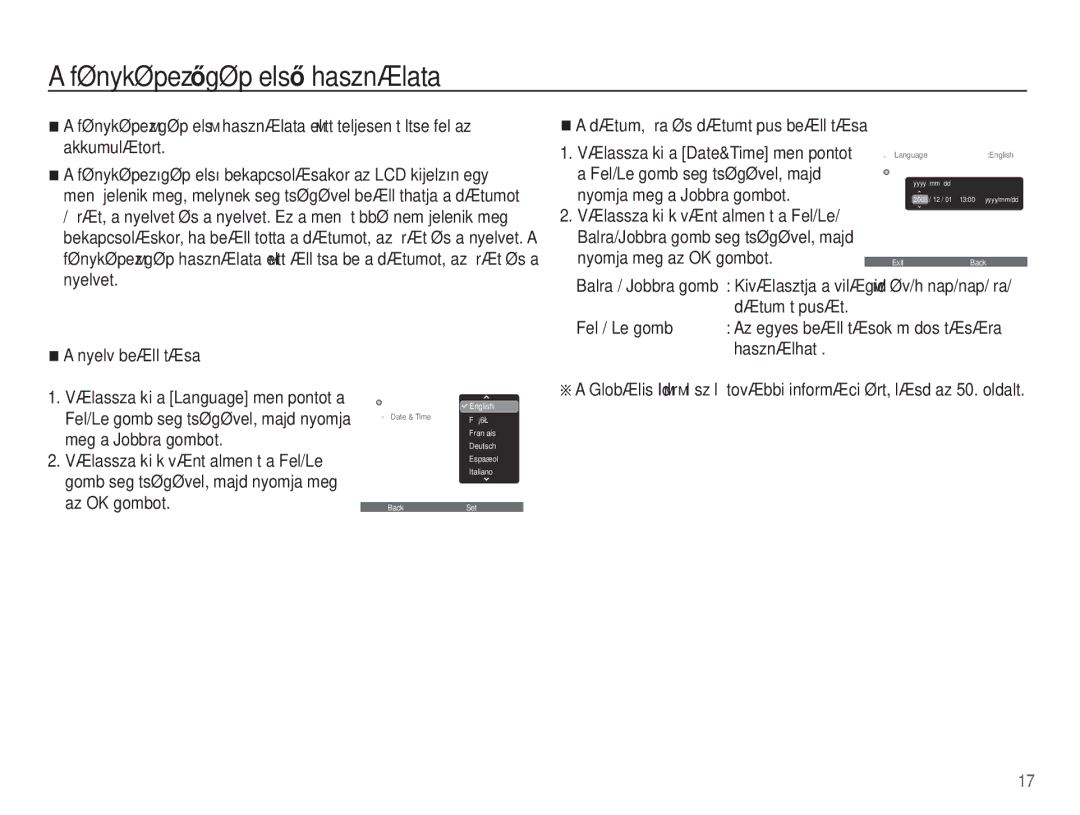 Samsung EC-ES55ZABP/E3, EC-ES55ZSBP/IT FényképezĘgép elsĘ használata, Használható, Dátum, óra és dátumtípus beállítása 