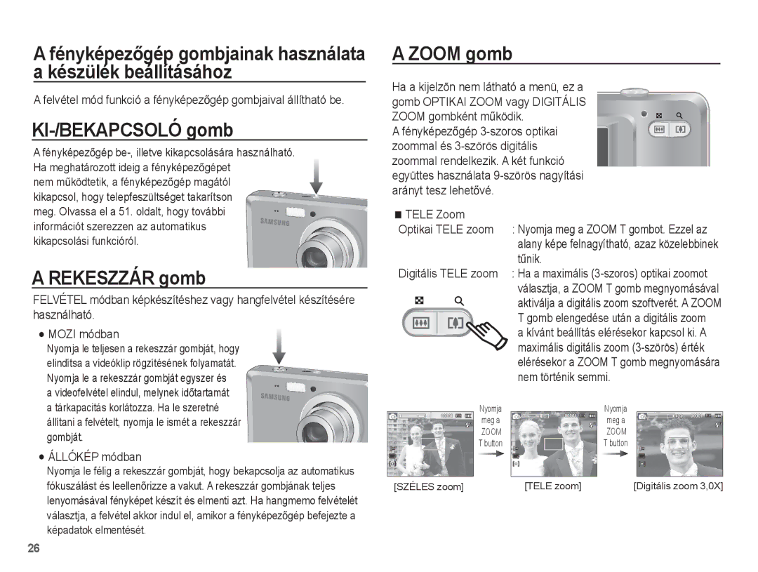 Samsung EC-ES55ZBBP/IT, EC-ES55ZSBP/IT, EC-ES55ZPBP/IT, EC-ES55ZABP/E1 manual KI-/BEKAPCSOLÓ gomb, Rekeszzár gomb, Zoom gomb 