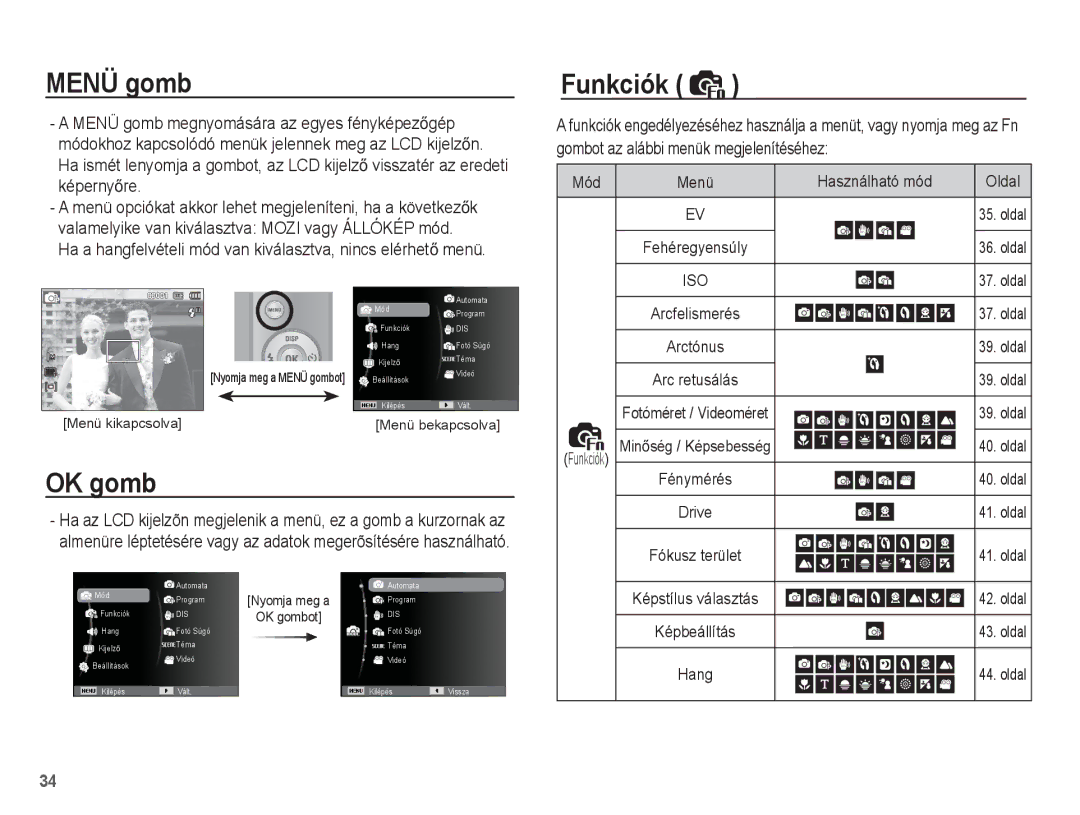 Samsung EC-ES55ZBBP/E2 Funkciók, OK gomb, Használható mód, Ha a hangfelvételi mód van kiválasztva, nincs elérhetĘ menü 