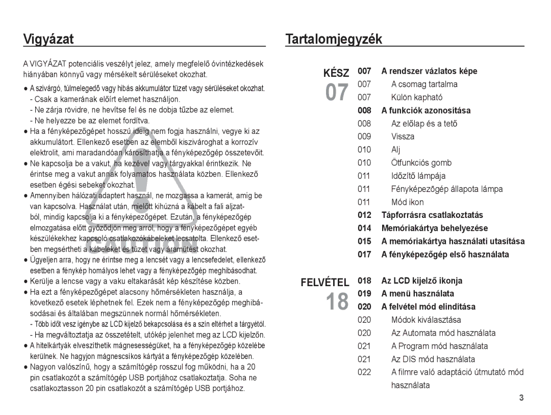 Samsung EC-ES55ZBBP/E3, EC-ES55ZSBP/IT, EC-ES55ZBBP/IT Vigyázat, Tartalomjegyzék, Csomag tartalma Külön kapható, Használata 