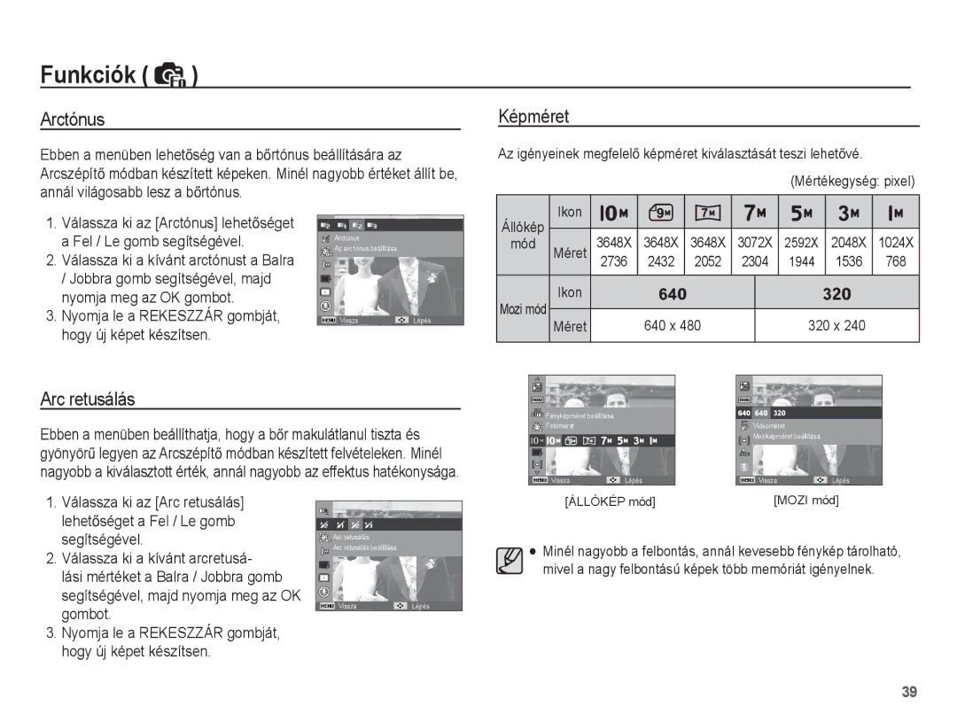 Samsung EC-ES55ZBBP/IT, EC-ES55ZSBP/IT, EC-ES55ZPBP/IT, EC-ES55ZABP/E1, EC-ES55ZBBP/E3 manual Arctónus Képméret, Arc retusálás 