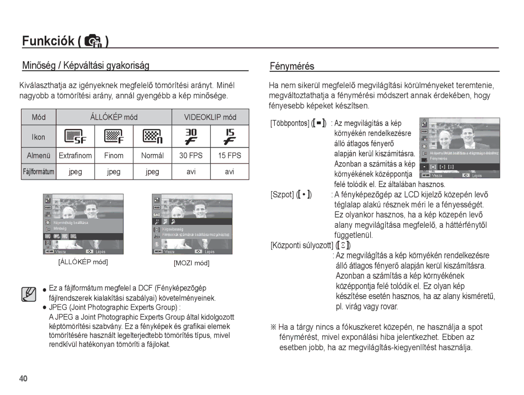 Samsung EC-ES55ZPBP/IT, EC-ES55ZSBP/IT, EC-ES55ZBBP/IT, EC-ES55ZABP/E1 manual MinĘség / Képváltási gyakoriság, Fénymérés 