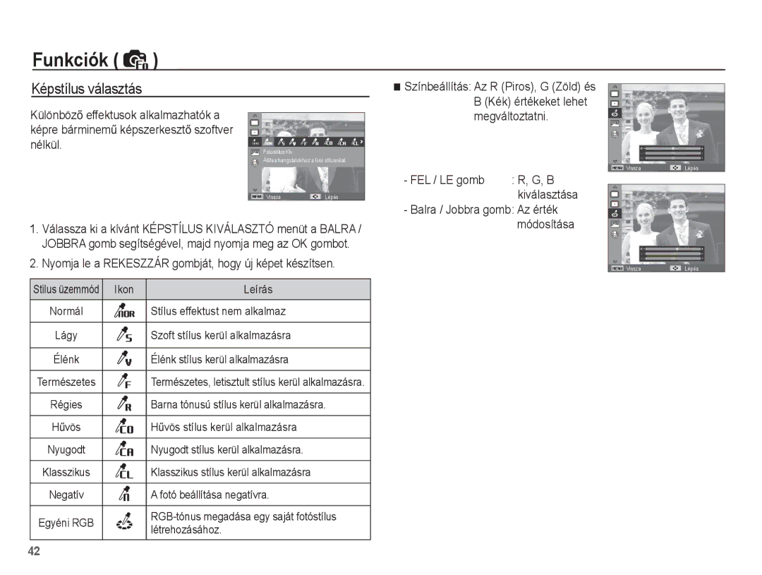 Samsung EC-ES55ZBBP/E3 manual Képstílus választás, Nyomja le a Rekeszzár gombját, hogy új képet készítsen, FEL / LE gomb 