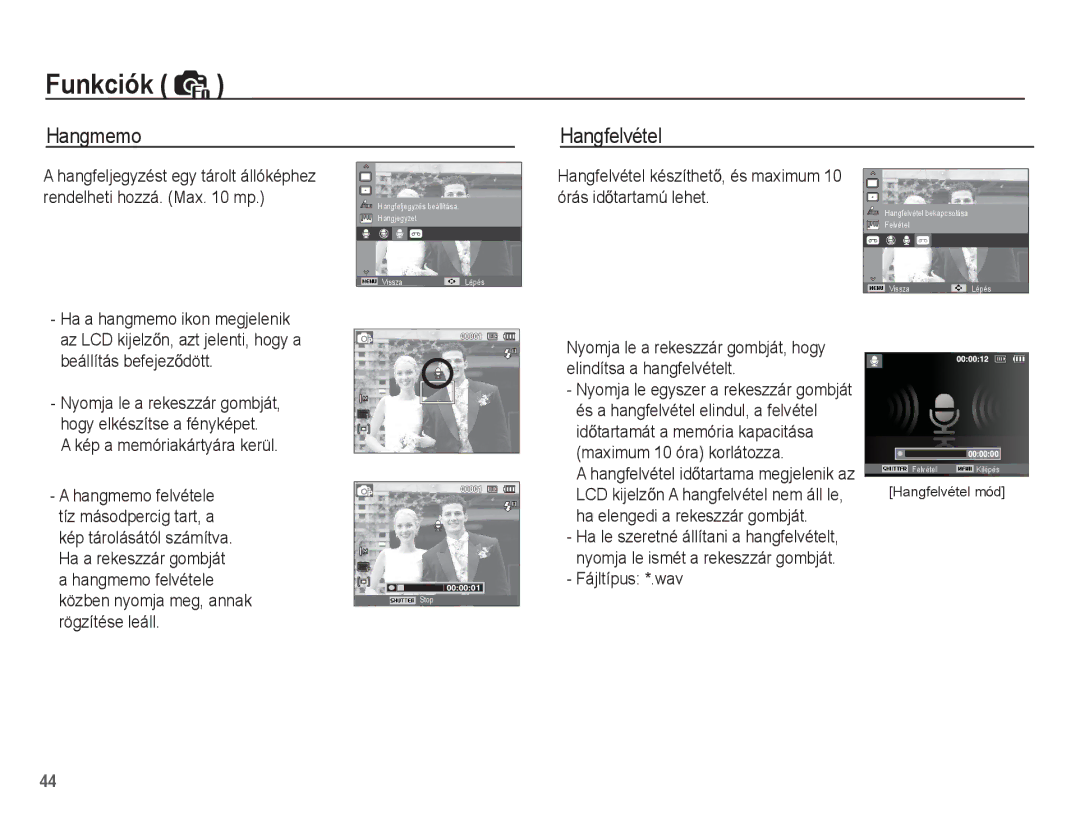 Samsung EC-ES55ZPBP/E3, EC-ES55ZSBP/IT, EC-ES55ZBBP/IT, EC-ES55ZPBP/IT manual Hangmemo, Hangfelvétel, Fájltípus *.wav 