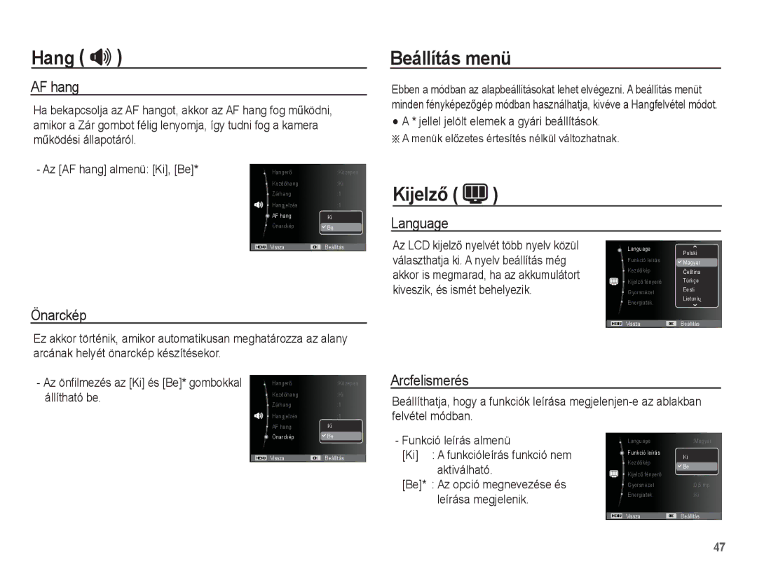 Samsung EC-ES55ZBBP/E2, EC-ES55ZSBP/IT, EC-ES55ZBBP/IT, EC-ES55ZPBP/IT Beállítás menü, KijelzĘ, AF hang, Language, Önarckép 