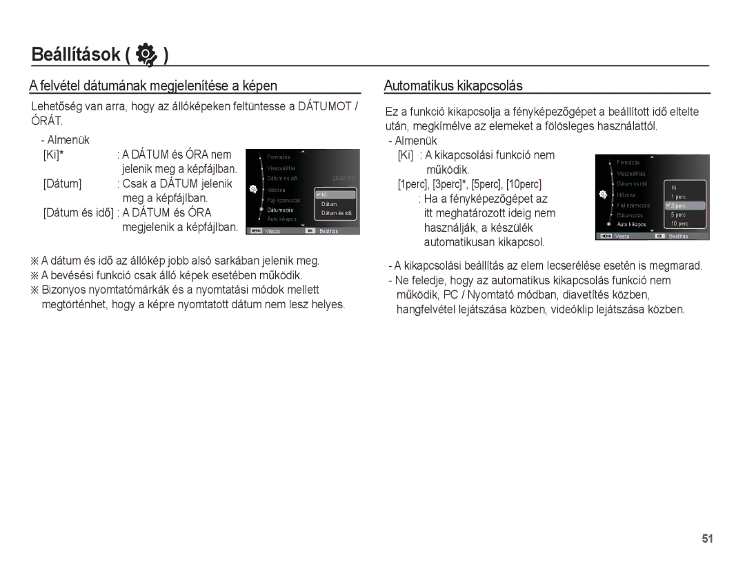 Samsung EC-ES55ZSBP/IT, EC-ES55ZBBP/IT Eltelte, Almenük Ki a kikapcsolási funkció nem mĦködik, Automatikusan kikapcsol 