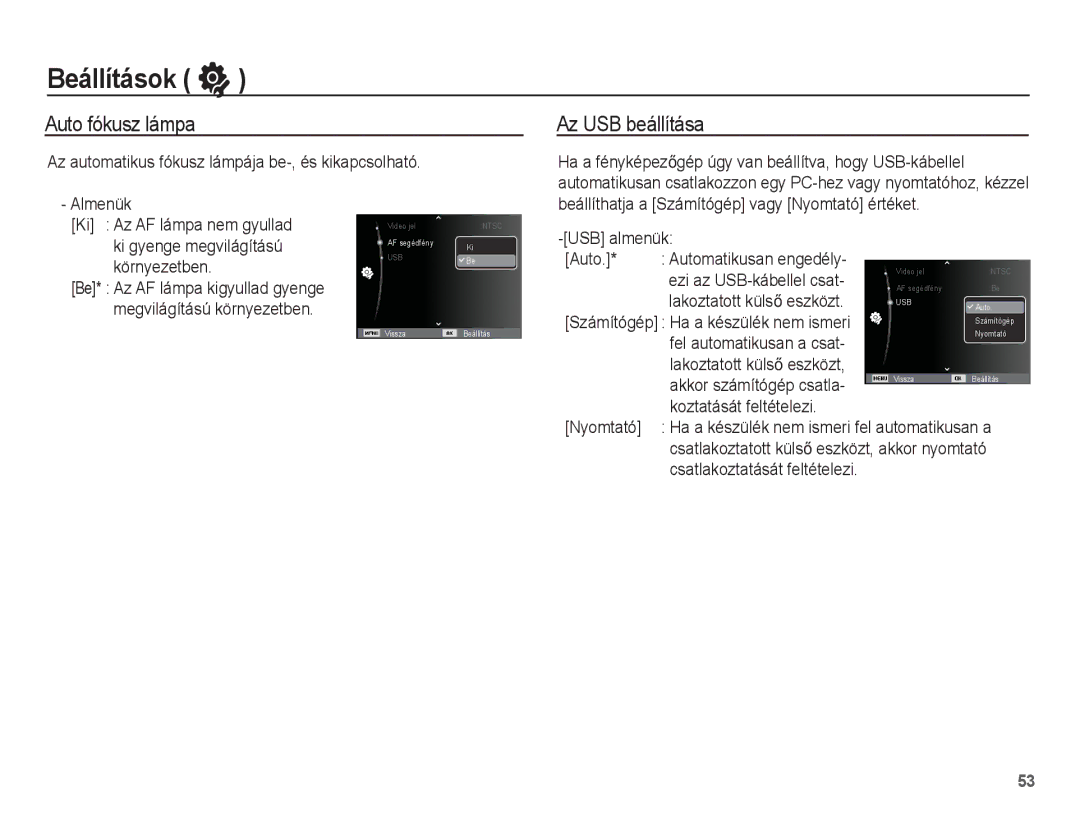 Samsung EC-ES55ZPBP/IT manual Auto fókusz lámpa, Az USB beállítása, Az automatikus fókusz lámpája be-, és kikapcsolható 