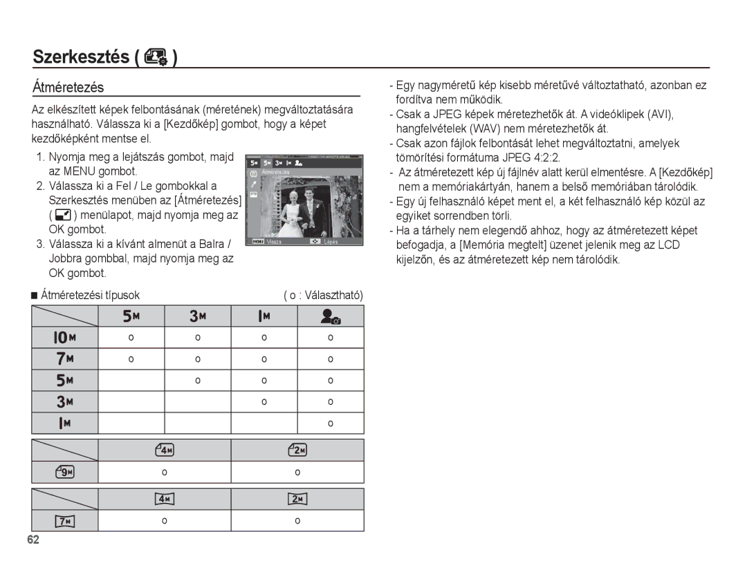 Samsung EC-ES55ZABA/E3, EC-ES55ZSBP/IT, EC-ES55ZBBP/IT, EC-ES55ZPBP/IT, EC-ES55ZABP/E1 manual Szerkesztés, Átméretezés 