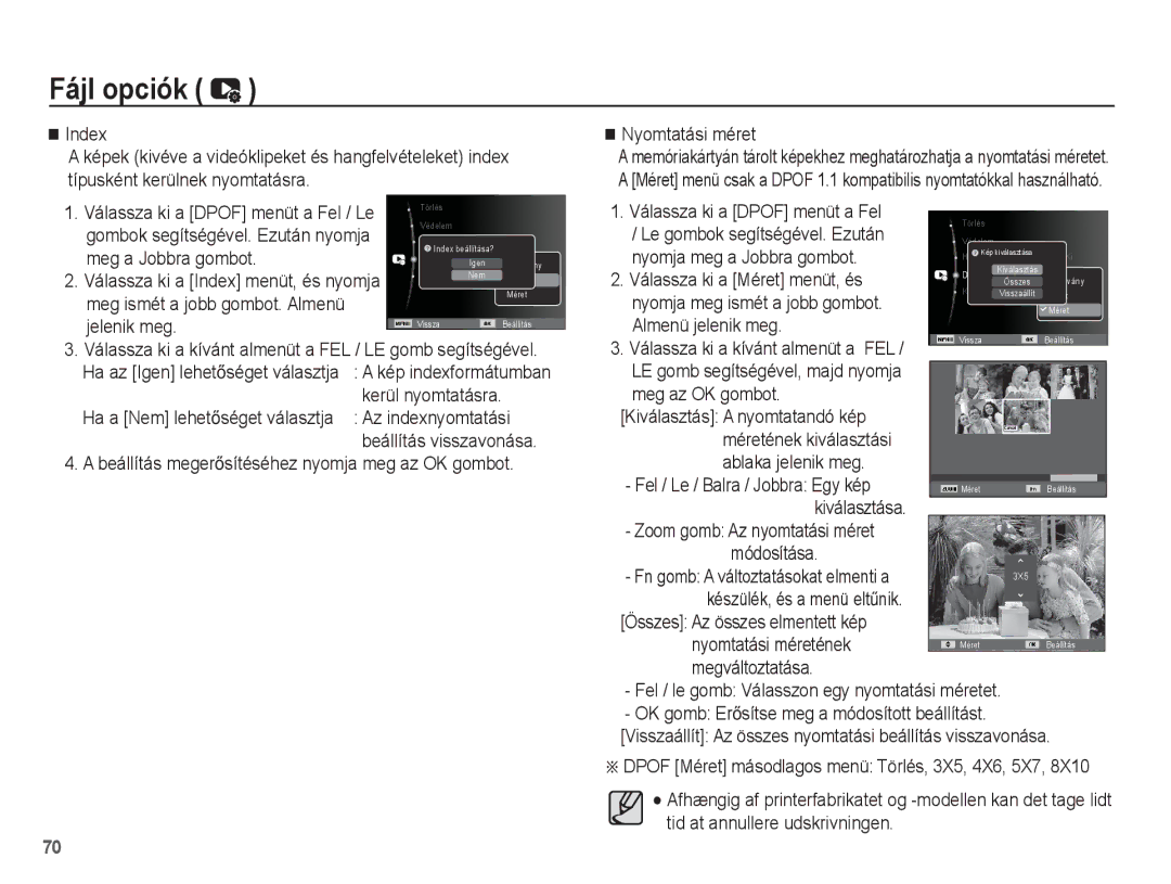 Samsung EC-ES55ZPBP/E3 Index, Kerül nyomtatásra, Az indexnyomtatási, Válassza ki a Méret menüt, és, Almenü jelenik meg 